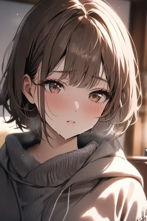 top quality, masterpiece,  Hi-Res, 8k, (1 girl), Alone, (((face shot))),   brown hair short hair,  cold expression, A warm living room, Control your phone