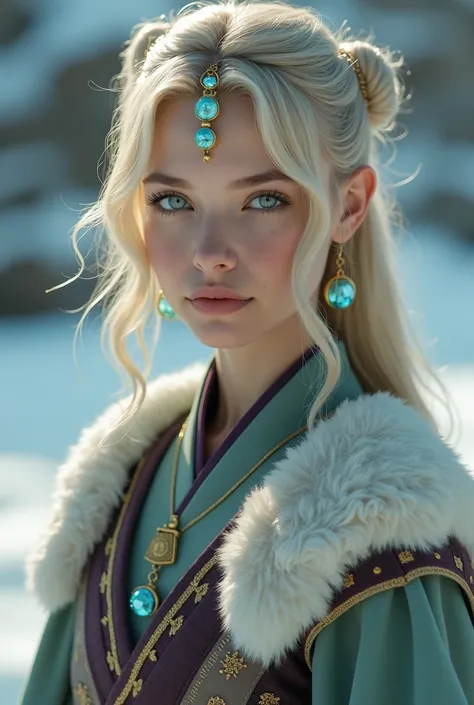 Scandinavian/Asian girl,blonde hair, twin buns with bangs, crystal bell ornaments. icey blue eyes. Soft skin. Wearing a mixture of Asian and Viking clothing/armor, colored grey, violet, and sky blue.