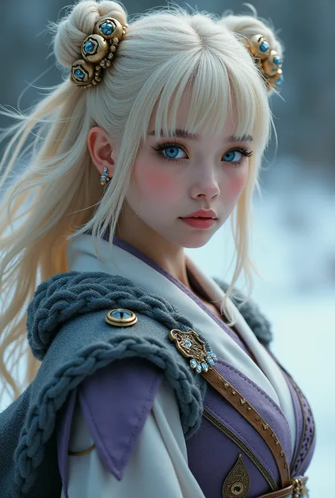 Scandinavian/Asian girl,blonde hair, twin buns with bangs, crystal bell ornaments. icey blue eyes. Soft skin. Wearing a mixture of Asian and Viking clothing/armor, colored grey, violet, and sky blue.