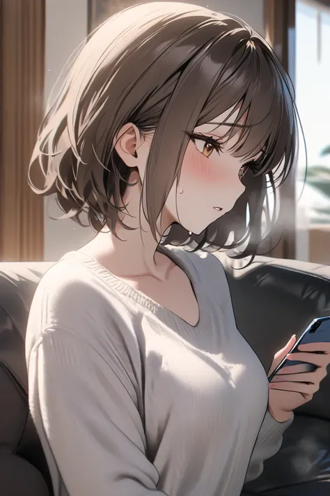 top quality, masterpiece,  Hi-Res, 8k, (1 girl), Alone, (((face shot))),   brown hair short hair,  cold expression, A warm living room, Control your phone