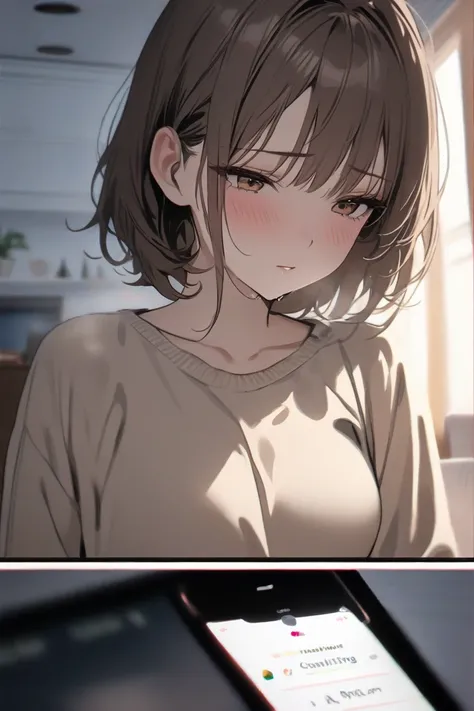 top quality, masterpiece,  Hi-Res, 8k, (1 girl), Alone, (((face shot))),   brown hair short hair,  cold expression, A warm living room, Control your phone