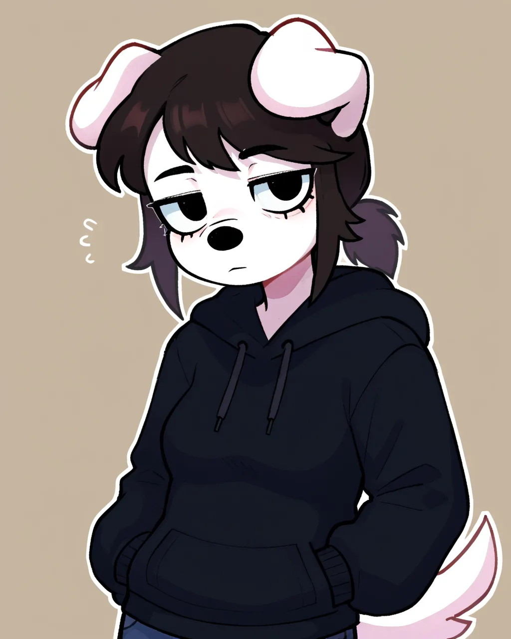 score_9_up, score_8_up, score_7_up, score_6_up, by remanedur, half-length portrait, medium breasts, black hair, dog, white body, floppy ears, black topwear, hoodie, ponytail, female, hands in both pockets, looking at viewer, tail, solo, neutral expression,...