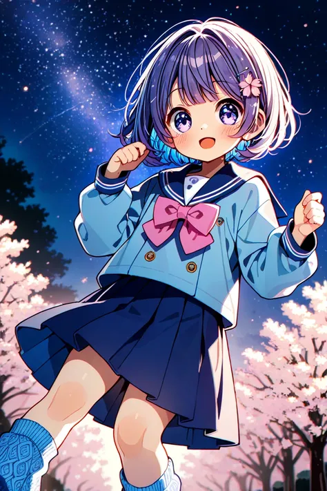 Young girl, sapphire eyes, short hair, indigo hair, blue school uniform, knitted leg warmers, cute, Japan, night, stars, sakura