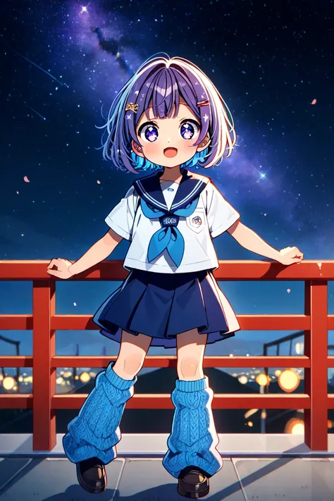 Young girl, sapphire eyes, short hair, indigo hair, blue school uniform, knitted leg warmers, cute, Japan, night, stars, sakura