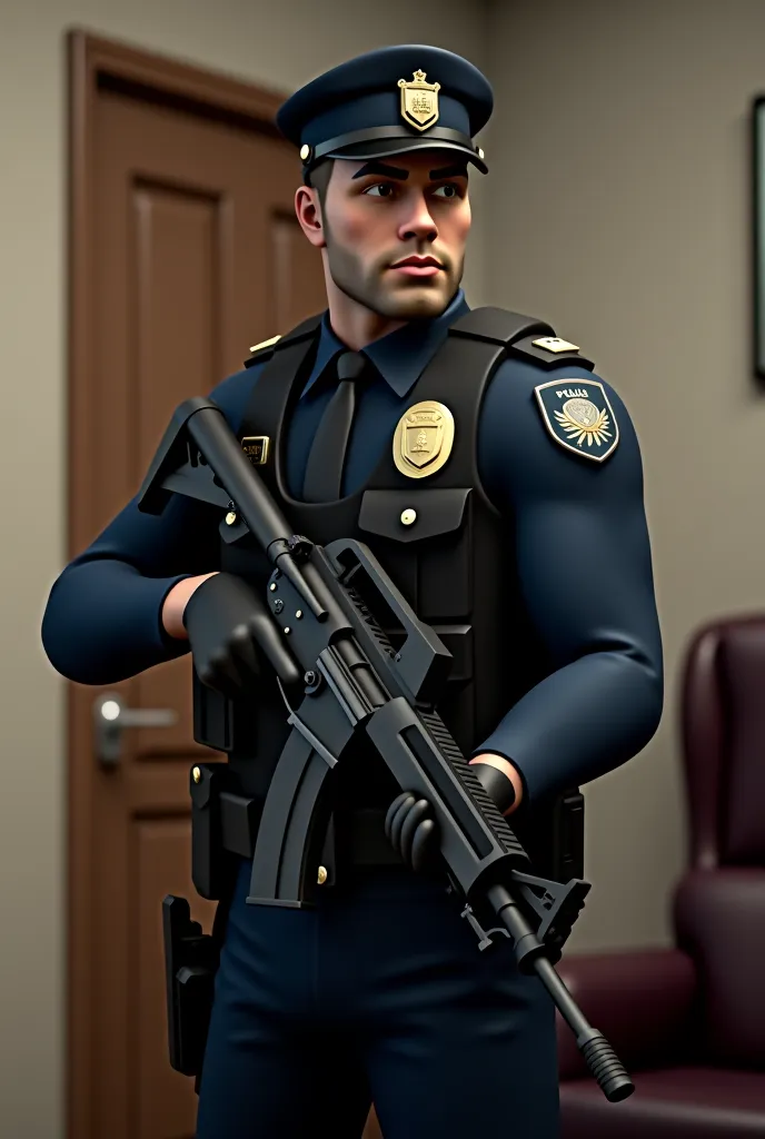  stuffy image of a man holding a rifle in a room, a low poly render inspired by Antônio Parreiras , tumblr,  realism, police Official, police, Official, police officer, security agent, pfp, police officer closeup,  super realistic , FPS,  masterpiece, real...