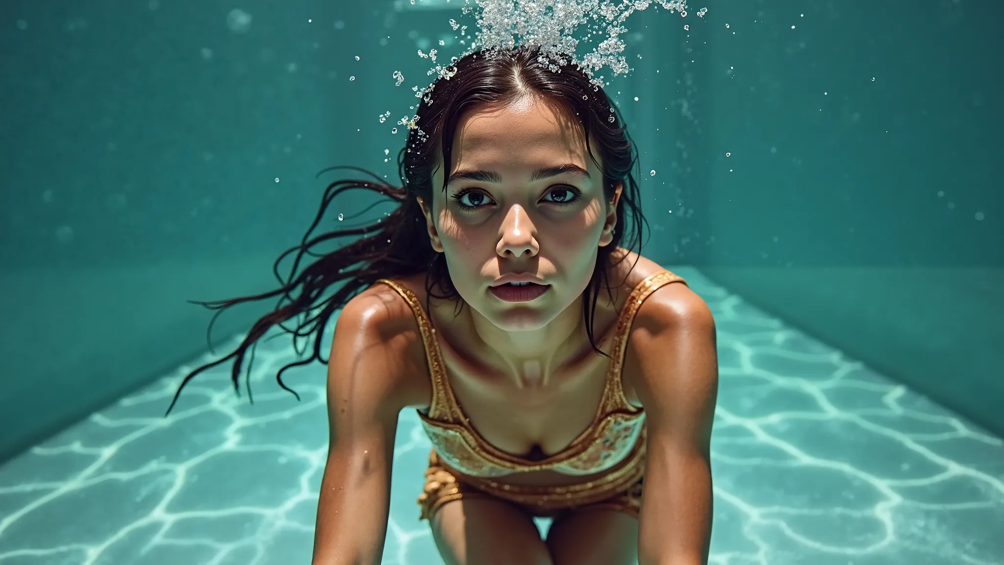 A beautiful 18-year-old Latina girl in a copper-coloured formal dress and gold strappy high heels screws her face up, bracing herself as she is dunked in a carnival dunk tank.  She has been dropped in and has now become fully submerged beneath the surface ...