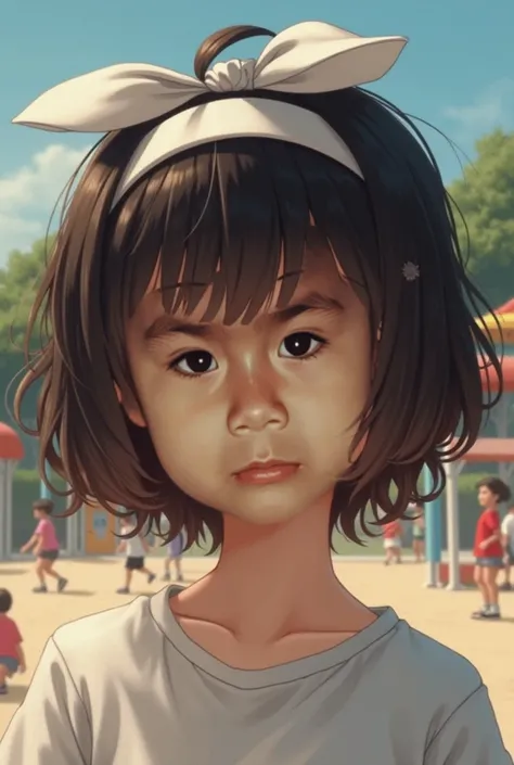  Close-up of an improved masterpiece:1.5)0.9], (Playground playing, varied scenarios:1.2) (Short messy brown black hair; 1.1) (:black eyes1 .2) (White headband or bows:1.0) (Normal pink lips:0.9)