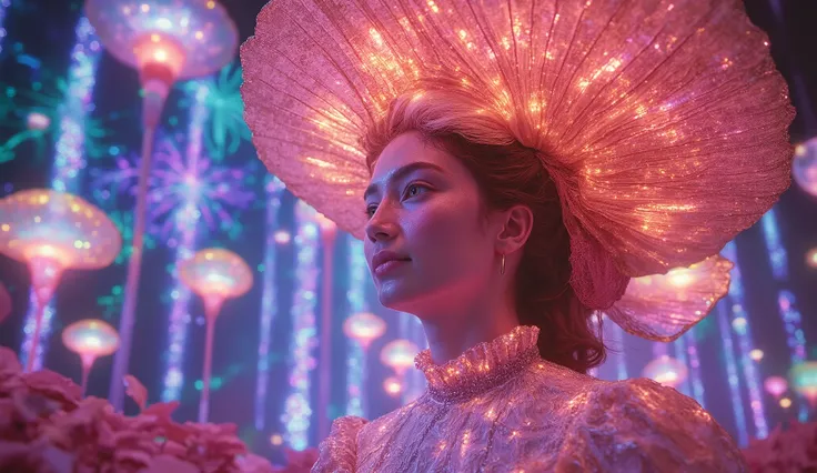 A close-up of a Victorian woman, her face bathed in the vibrant, shifting lights of a massive floating neon flower that hovers above the rave. Her eyes are sparkling with excitement and ecstasy, reflecting the colorful, digital projections around her. Her ...