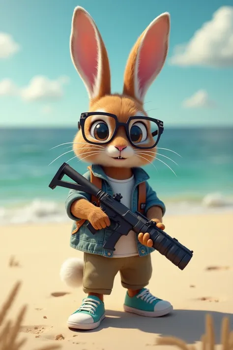  a rabbit armed with a pistol, He wears sneakers and clothing as a young , he wears glasses, he is on the beach 