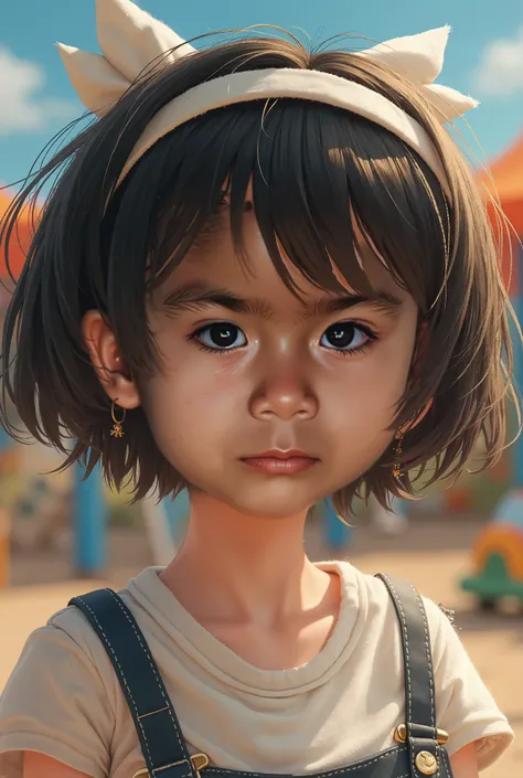  Close-up of an improved masterpiece:1.5)0.9], ( Playground playing, varied scenarios:1.2) ( Short messy brown black hair; 1.1) (:black eyes1 .2) (White headband or bows:1.0) (Normal pink lips:0.9)