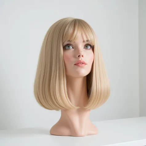 A beautiful 18 years old young woman's disembodied head stands on a white table, in a white room, in side view. She has beautiful, straight, thick, smooth, silky, shiny, blonde, middle swapped bob hairwith long bangs. Her face is straight ahead, eyes up. H...