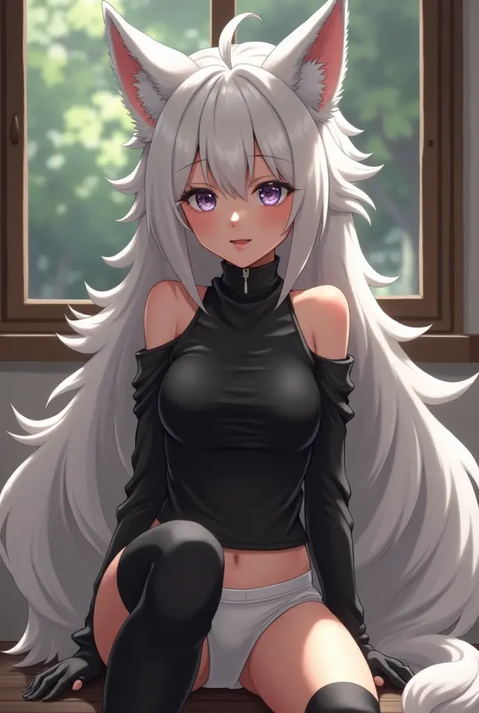  Anime girl long wavy white hair, black top, thigh-length black tights a mini skirt with a tail and kawai