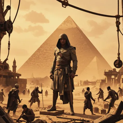 a scene of ancient Egypt at the building site of the great pyramid of giza, and the person in charge