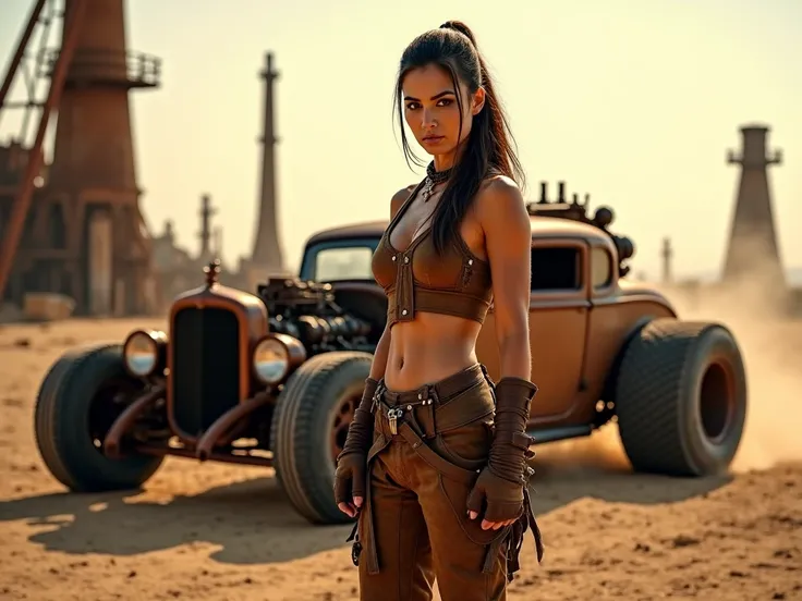 A stunning warrior woman with striking features, clad in rugged, Mad Max-style post-apocalyptic attire—torn leather, metal plating, and scavenged fabrics—stands confidently beside a brutal, heavily modified car built from salvaged scrap. The vehicle, a fus...