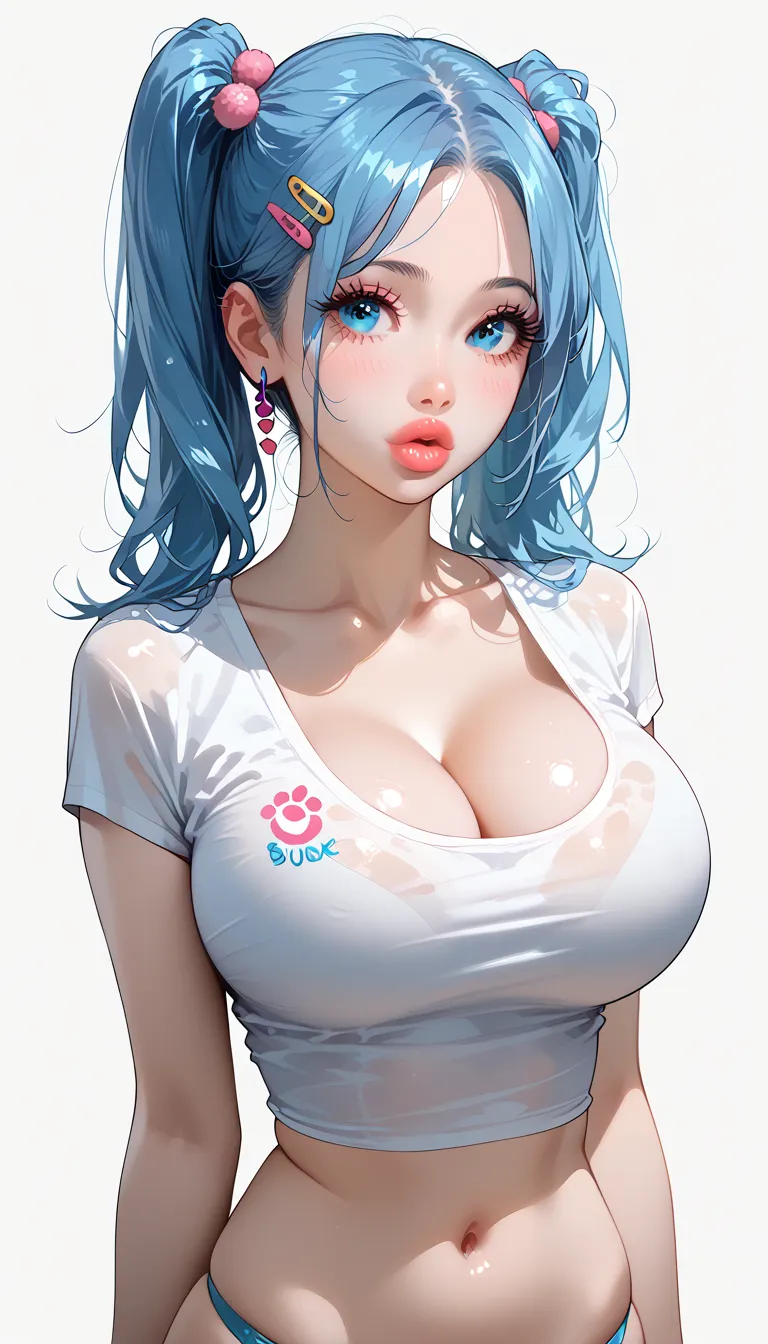 blue hair, long hair, pigtails, blue eyes, big lips, plump lips, big eyelashes, big breasts, big hips, hot, messy, sexy, cleavage, skinny, hourglass body, small waist, cute hair accessories, hair pins, bunch of hair accessories, colorful