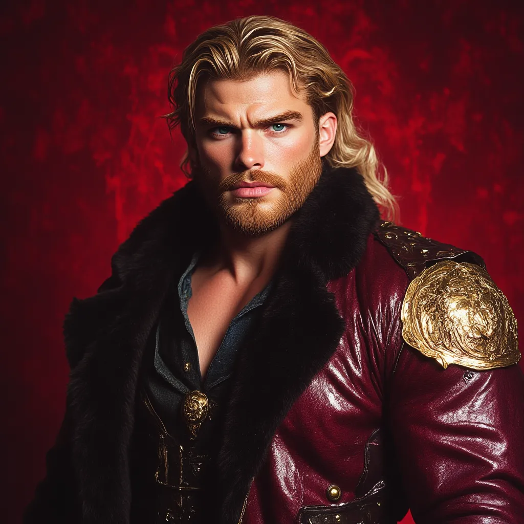 FULL PHOTO OF A LARGE ADULT MALE LARGE ADULT AGED 36 YEARS,  long brown blond hair ,  green eyes smile,  shiny skin, IVORY LEATHER, of unrealistic beauty , STRONG RUSSIAN MALE TRAITS, CHUBBY FACE FRAMED,  stunning look .  ON A MAGICAL RED BACKGROUND TURNED...