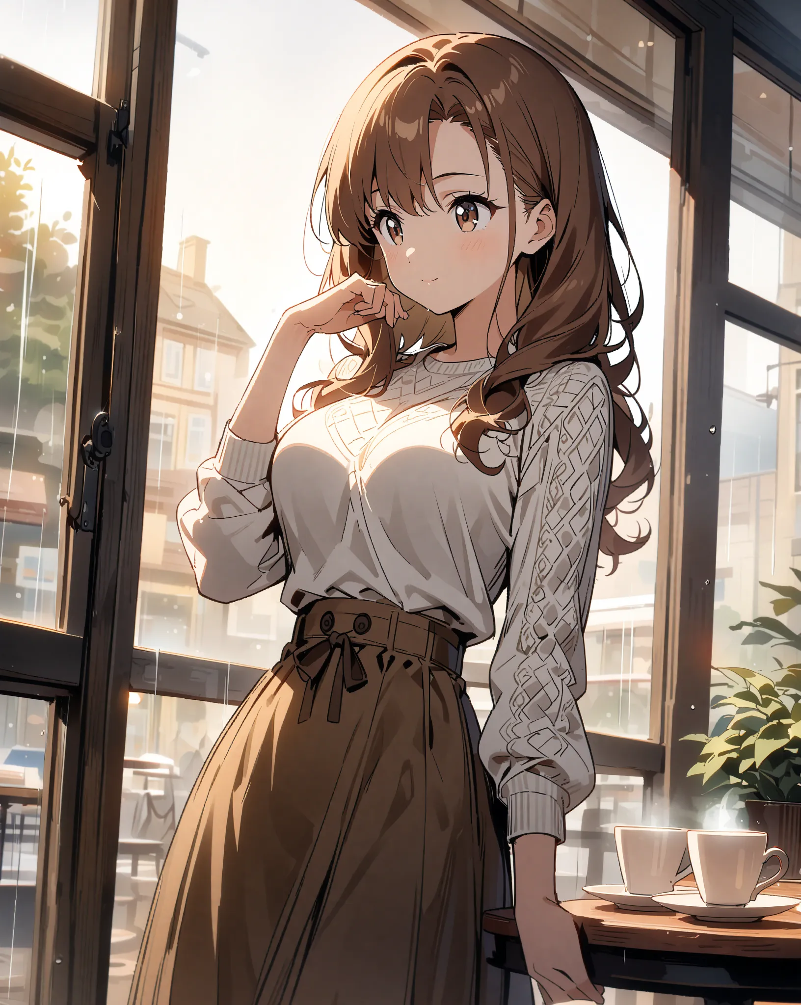 (( top quality))、(( Masterpiece))、(( Hi-Res))、((8k))、 Frontal Angle、profile、((Looking Outside))、((Beautiful girl anime))、(( anime style for beautiful breasts))、(( pensive))、 girl、 medium big breasts、 thin waist、Cafe window、light rain、 SOFT LIGHTING 、 kind ...