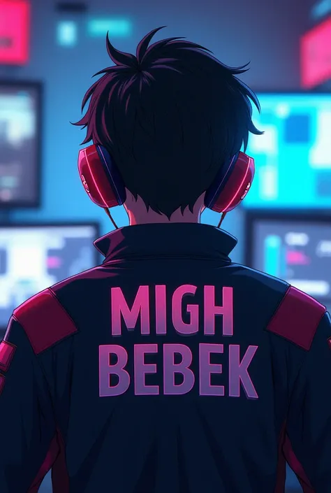 Anime image of male game player, wearing jacket and headset. Facing the back, the jacket says MIGH and Bebek, Cyberpunk