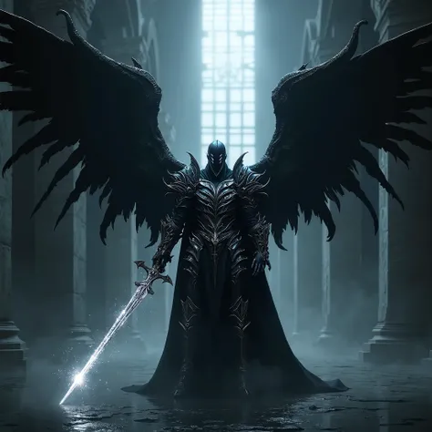 knight in void black armour with void black wings white sparkle effect on armour, wielding a void black lance with a white aura floating around it, throne room, dark room, dark atmosphere, rays of light, large room