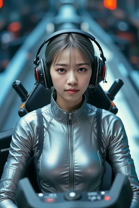 Image of fighter jet pilot, live-action, Front view, from above, Real, The extremely narrow cockpit of a futuristic fighter jet, A beautiful Japanese woman sits in a transparent, body-hugging chair in the cockpit, Silver android pilot suit, Exposed pilot s...