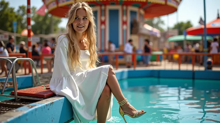 A beautiful 18-year-old girl with long blonde hair and wearing a long satin white formal dress and gold strappy high heels, at a carnival, sitting on the seat that sticks out over the dunk tank and faces inwards towards the water, laughing nervously as she...