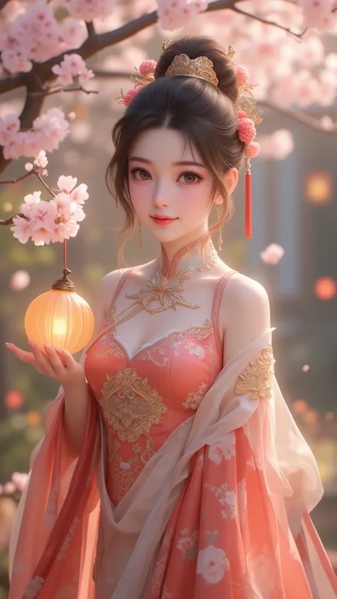  An elegant cartoon character wearing traditional Chinese costume， decorated with exquisite embroidery and delicate silk ， right hand holding a glowing Chinese lantern 。 The background is a serene garden ，Full of cherry blossoms 。