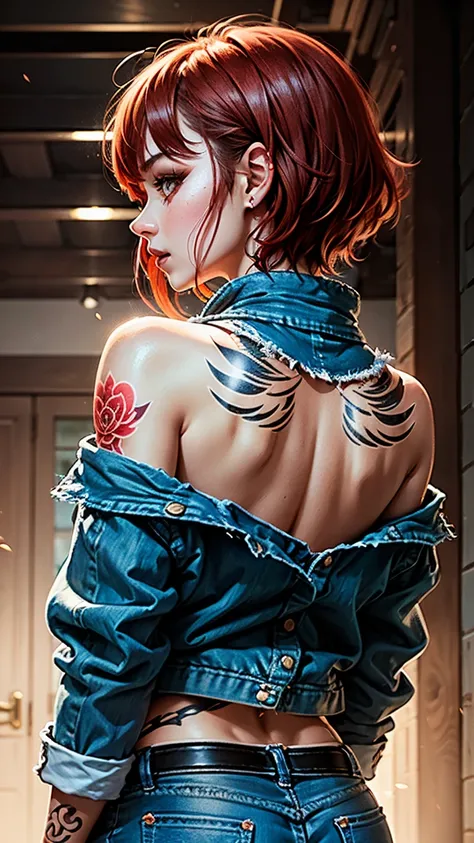  A detailed digital artwork ， A young woman with short and red hair， The top of the head cut into a layered design 。 Her back is decorated with intricate colorful tattoos ， including bright red flowers 。 She wears a slightly off-shoulder denim jacket ， rev...