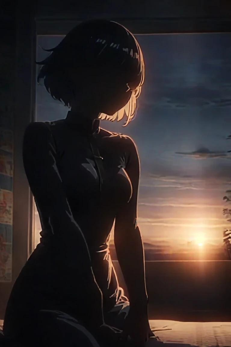  (masterpiece),(absurdres),(ultra detailed),(beautiful detailed),(anime:1.5),silhouette lady:2.0,(()),(asymmetrical short hair:1.2),(middle breast:0.7),priest costume:1.0、cinematic lighting:1.3,sunrise,playing position,no face,