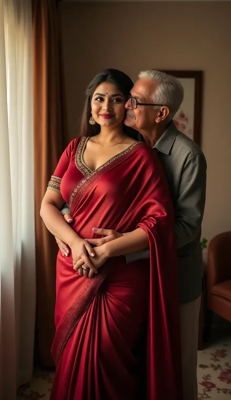 Top view Full body image, indian hourglass figured 23 year old medium plus sized married bride, very huge breasts, wearing highly embroideried red colour reflective glossy deep neck u cut blouse and meroon colour low waist body tight reflective glossy sare...