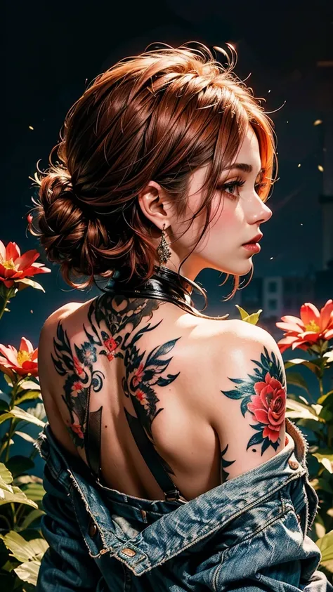  A detailed digital artwork ， A young woman with short and red hair， The top of the head cut into a layered design 。 Her back is decorated with intricate colorful tattoos ， including bright red flowers 。 She wears a slightly off-shoulder denim jacket ， rev...