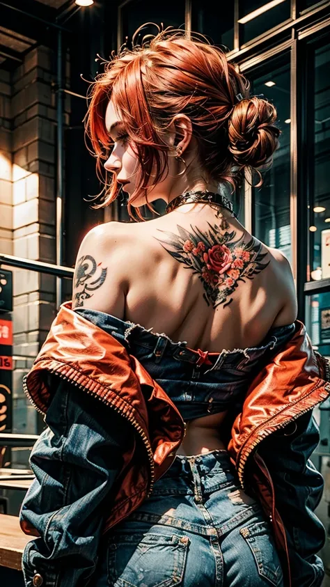  A detailed digital artwork ， A young woman with short and red hair， The top of the head cut into a layered design 。 Her back is decorated with intricate colorful tattoos ， including bright red flowers 。 She wears a slightly off-shoulder denim jacket ， rev...