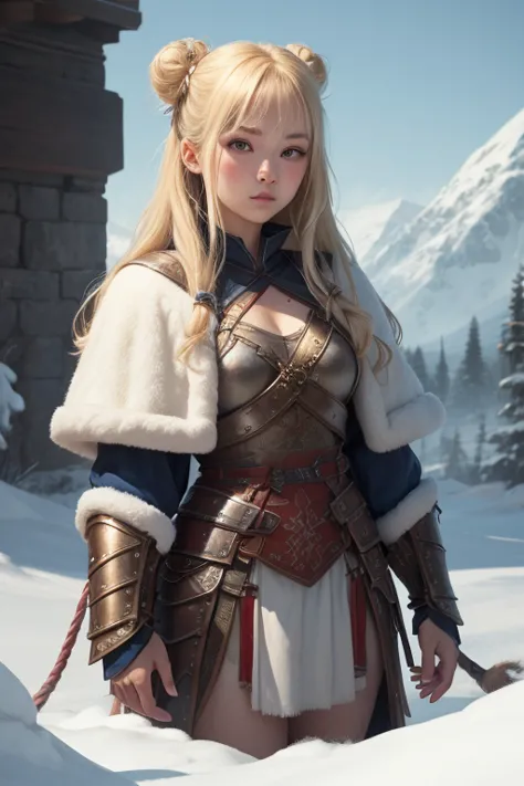 Scandinavian/Asian girl,blonde hair, twin buns with bangs, crystal bell ornaments. icey blue eyes. Soft skin. Wearing a mixture of Asian and Viking clothing/armor. 