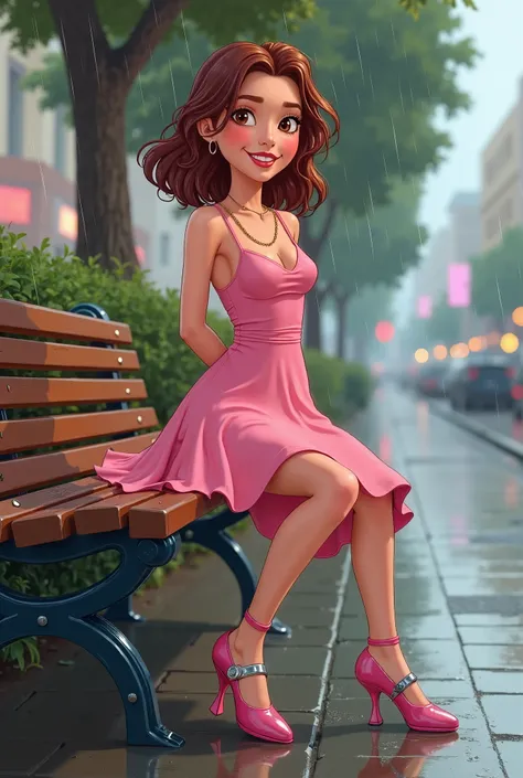 Tip: A very lovely  beautiful Asian American woman being happy alone on a bench in Downtown San Diego in the rain.. The illustration is a high definition illustration with 4k resolution., with highly detailed facial features and cartoon style visuals, pink...