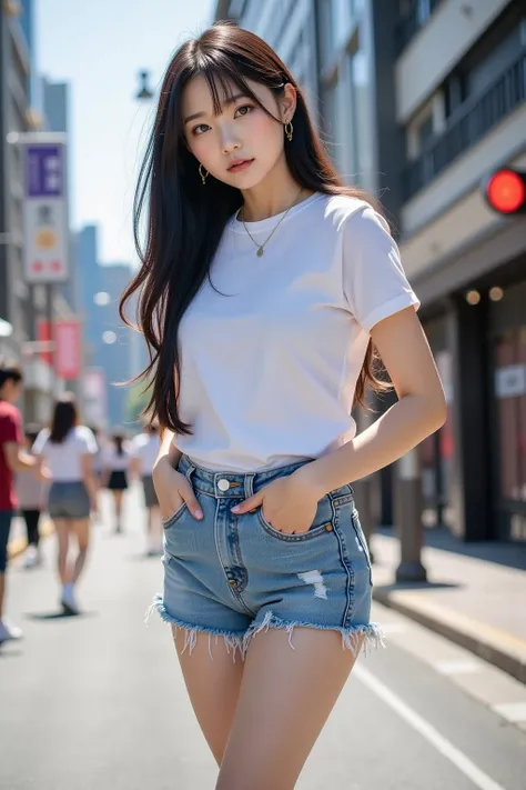 Realistic Photography, 8k, masterpiece, highest quality, hyper-realistic, highres, shot on a Canon EOS, Korean girl, occupation is idol, black long hair, (huge breasts), ((glamorous figure)), ((long legs)), Chubby thighs, the texture of a detail-oriented a...