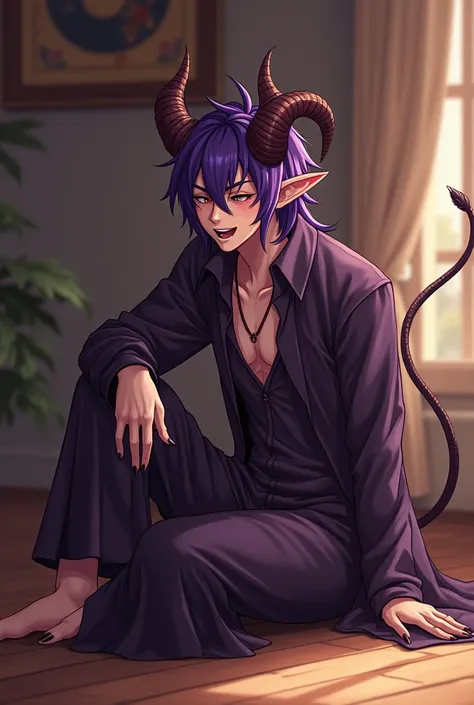 A demon man in the shape of a human without long ears, with curled horns, shiny, almost as if he prayed and with purple hair and who has long black nails and who is anime-style and his position is as if he were laughing happily sitting in Indian style whil...