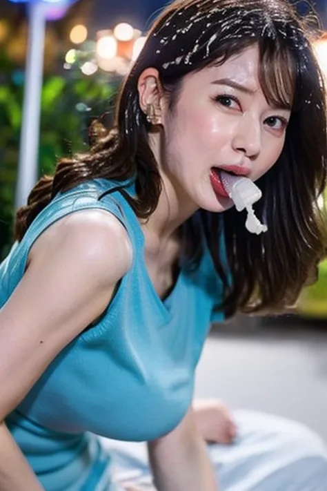 nsfw:2, high resolution photograph, photo realistic, masterpiece, amazing quality, intricate details, professional lighting, from side, 1career woman in ベージュ色のタイトスカート, 33 years old, 1man in blue t-shirt,  fellatio, (white cum in mouth, open mouth:1.4), kne...