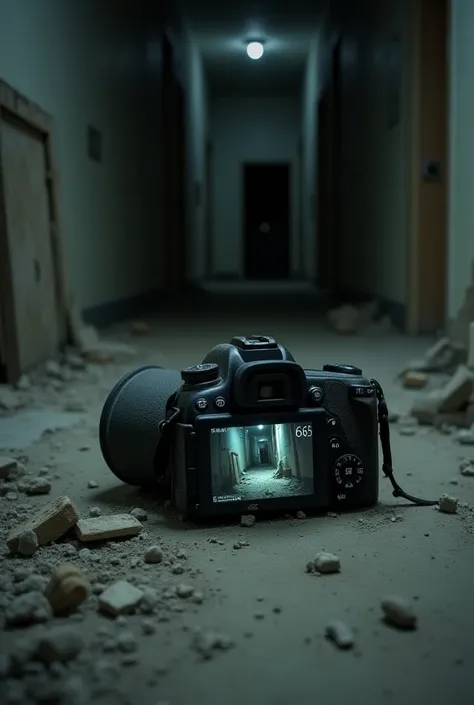  A camera lying on the floor amidst debris and dust .  The camera screen is still on ,  showing the last recorded image :  a distorted and dark silhouette inside room 666 . The surrounding scene is deserted ,  indicating that whoever was holding the camera...