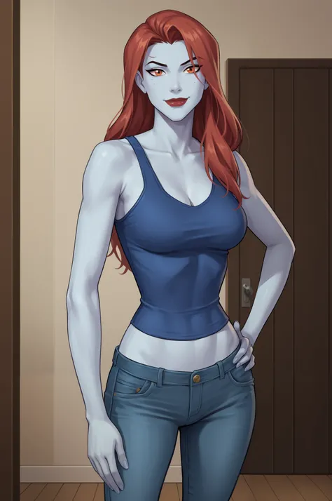 PonyXLV6_Scores BREAK (perfect anatomy, perfect eyes), BREAK mgann morzz, long hair, red hair, colored skin, white skin, orange eyes, makeup, lipstick, flirting, raised eyebrow, ((looking at viewer)), superhero, light blue tank top, light blue jeans, curvy...