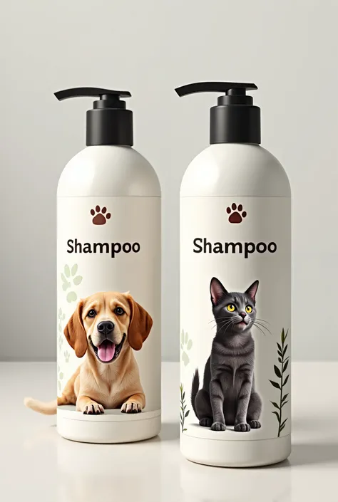  Create an image of shampoo dedicated to pets, one for dogs and one for cats ,  each containing the image of the animal it represents and the only text that will appear with just the name "Shampoo" 