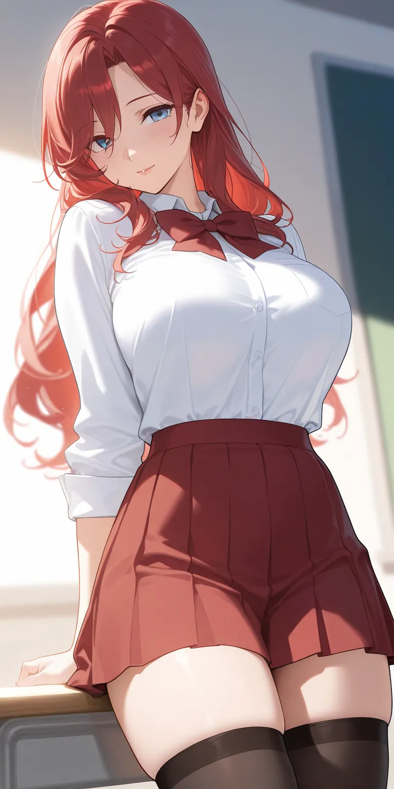 Mature female, red hair, long hair, blue eyes, white shirt, red skirt, school uniform, thigh highs, soft light, highly detailed, best quality