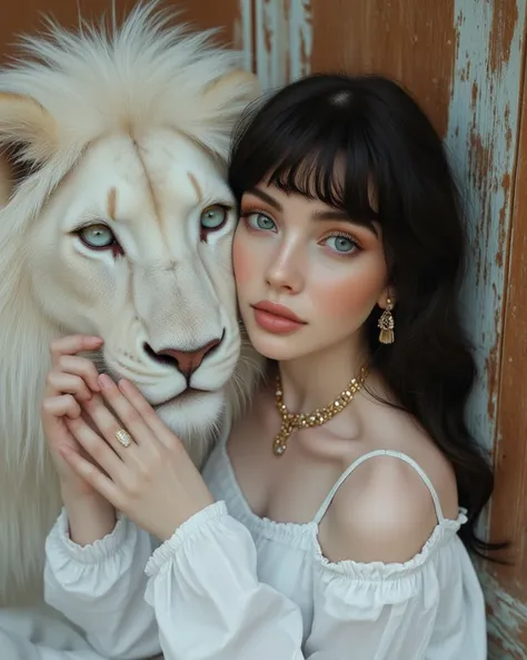 The image presents a scene between the woman and a white lion The woman wears a white dress and a piece of gold jewelry with jewels that highlight her beauty WITH BRIGHT BLUE EYES INNOCENT FACE WHITE PORCELAIN SKIN ETHEREAL BEAUTY AND BLACK HAIR. the lion ...