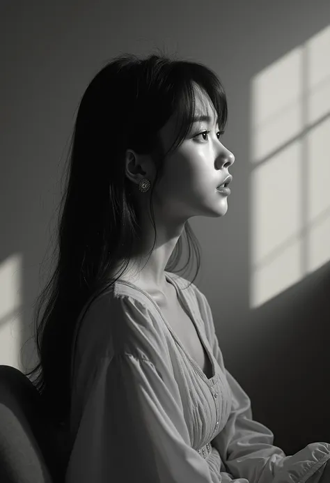 A hyperrealistic black and white photograph capturing a young Korean woman in profile, with a serene and contemplative expression. Her dark, straight hair falls gently over her shoulders, and natural light streams in from a nearby window, creating a play o...