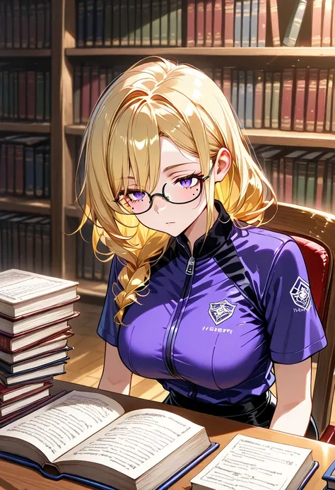 Ultra-detailed, (portrait), hyper detailed, absurdres, 8k, highest quality, super high quality, one person, bust shot, (1 girl), cute,  mature, purple short sleeve shirt, black leggings, thick nerdy glasses, mole under left eye, long blonde hair,  violet e...