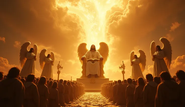 "A powerful, hyper-detailed cinematic scene of the Final Judgment, where Jesus Christ sits on a magnificent golden throne, surrounded by a blinding celestial glow. Angelic figures with immense, feathered wings stand beside Him. Below, countless souls are g...