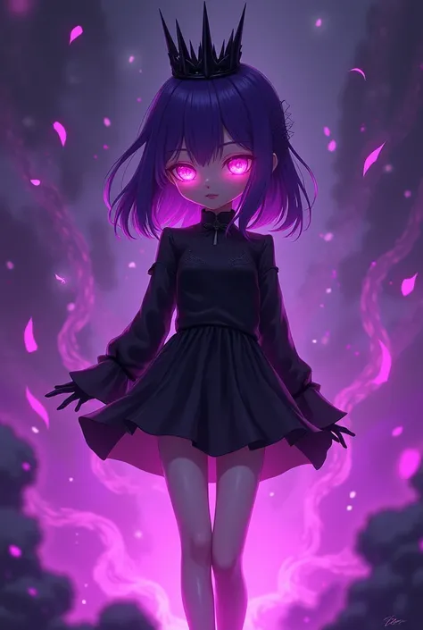 1 anime girl,purple hair,neon pink eyes LED , short black dress long sleeve ,  black heels,young look, black spiked crown on the head,  black gloves without thimbles ,emotionless look , purple particles around. 