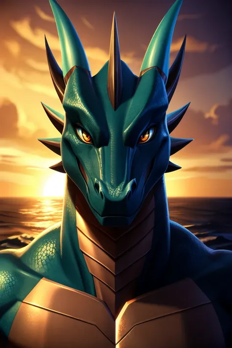 , [Uploaded to e621.net; ((masterpiece)), ((HD)), ((High Quality)), ((front view)), ( irid dragon)), ((detailed shading)), ((beautiful render art)), ((cel shading)), ((cinematic lighting)) (looking at viewer)}, (beautiful ocean)] head shot, black irid drag...