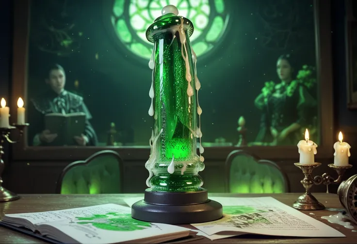 lot of (((transparent gigantic green dildo))) in Haunted Mansion, glitter, dark shadows,  green and purple lamps, melting candle, cumshot, (((cum))), detailed, anime style, illustration, 2D, drawing, panicking,