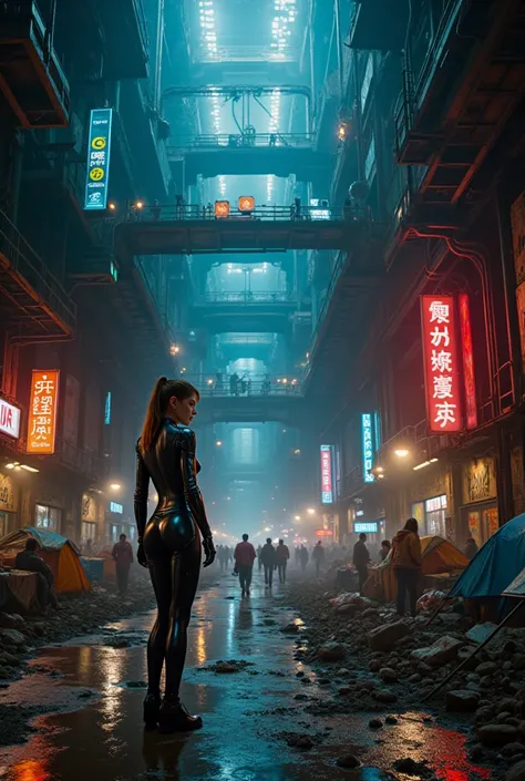 Deep beneath the neon-lit skyscrapers of the cyberpunk metropolis, a massive underground complex sprawls like a hidden city within a city—a chaotic refuge for those who have fallen through society’s cracks. The cavernous space is filled with a sprawling sh...