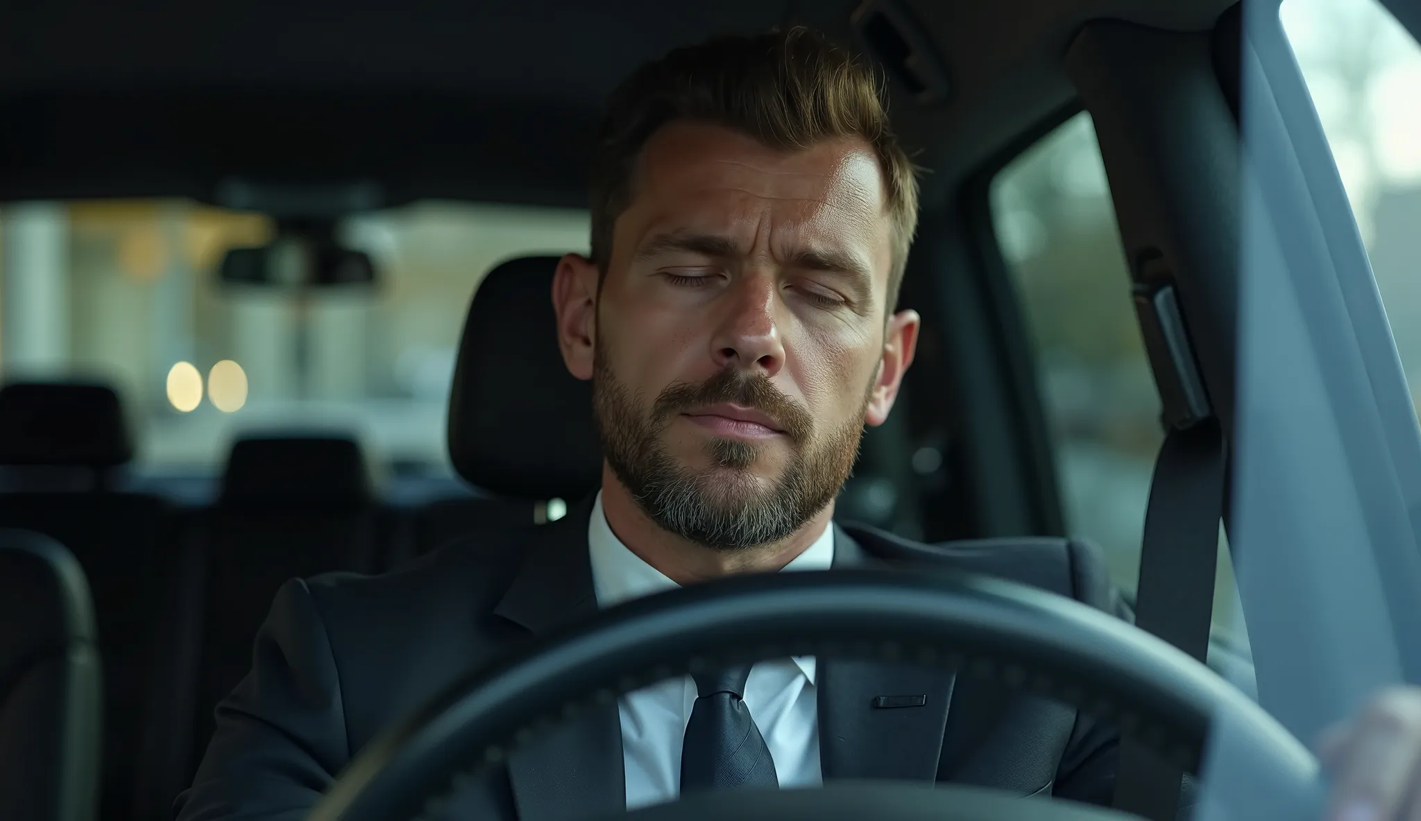 adult white male, short beard,  short brown hair,  with office clothes, Sitting in a black luxury van, Hold the steering wheel,  with eyes closed, your face in the direction of the windshield,