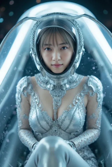 Image of fighter jet pilot, live-action, Front view, from above, Real, The extremely narrow cockpit of a futuristic fighter jet, A beautiful Japanese woman sits in a transparent, body-hugging chair in the cockpit, She wears a silver exposed android pilot s...